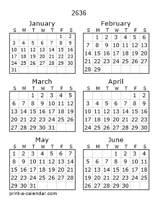 2636 Two Page Yearly Calendar | Six months per page