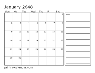 2648 Monthly Calendar with Notes