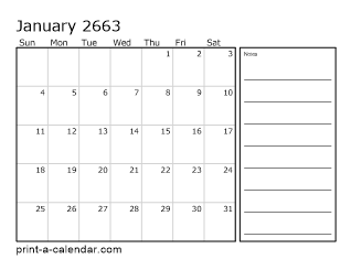 2663 Monthly Calendar with Notes