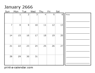 2666 Monthly Calendar with Notes