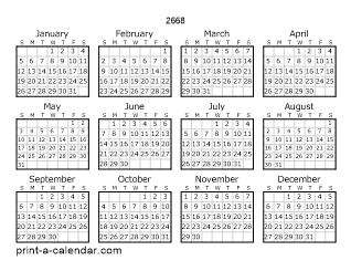 2668 Yearly Calendar | One page Calendar