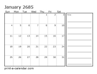 2685 Monthly Calendar with Notes