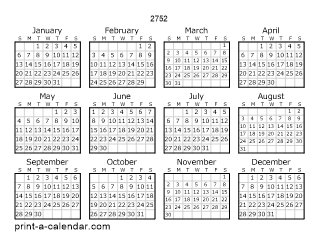 2752 Yearly Calendar | One page Calendar