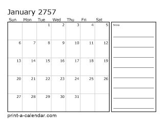 2757 Monthly Calendar with Notes