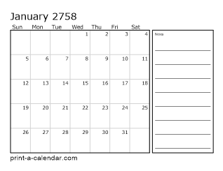 2758 Monthly Calendar with Notes