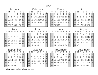 2776 Yearly Calendar (Style 1)