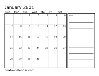 2801 Monthly Calendar with Notes