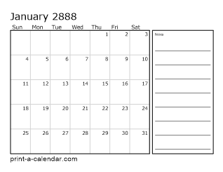 2888 Monthly Calendar with Notes