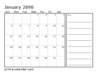 2898 Monthly Calendar with Notes