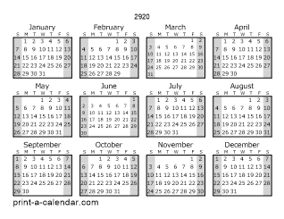 2920 Yearly Calendar (Style 1)