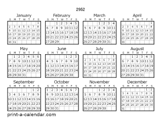 2952 Yearly Calendar | One page Calendar