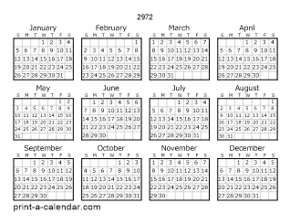 2972 Yearly Calendar | One page Calendar