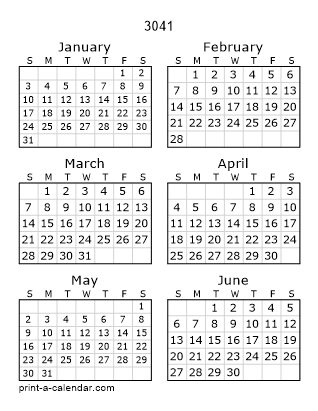 3041 Two Page Yearly Calendar | Six months per page