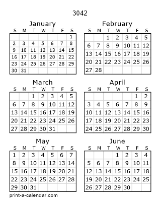 3042 Two Page Yearly Calendar | Six months per page