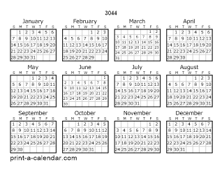 3044 Yearly Calendar | One page Calendar