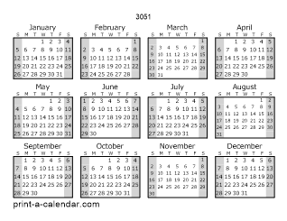 3051 Yearly Calendar (Style 1)