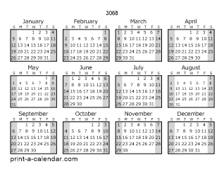 3068 Yearly Calendar (Style 1)