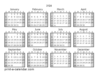 3124 Yearly Calendar (Style 1)