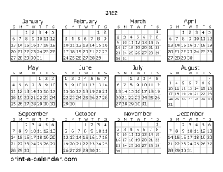 3152 Yearly Calendar | One page Calendar