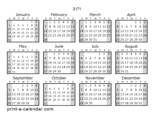 3171 Yearly Calendar (Style 1)