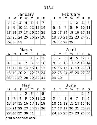 3184 Two Page Yearly Calendar | Six months per page