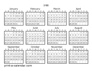 3185 Yearly Calendar | One page Calendar