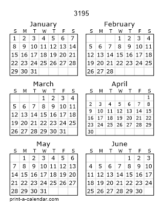 3195 Two Page Yearly Calendar | Six months per page